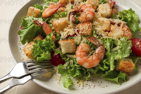 Caesar salad, with shrimp, on a white background, homemade, no people