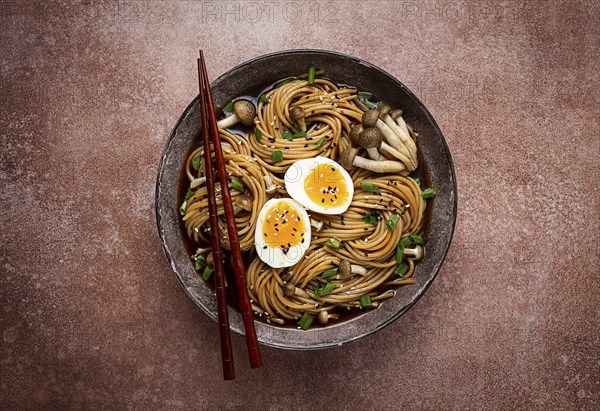 Buckwheat noodles, soba, with shimeji mushrooms, boiled egg, green onion, sesame seeds, homemade,