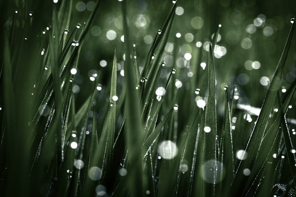 Blades of grass in detail with dewdrops, Mindelheim, Bavaria, Germany, Europe