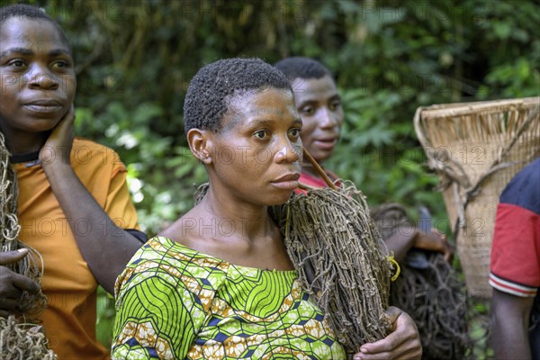 Pygmy woman of the Baka or BaAka people with their hunting nets, Dzanga-Sangha Special Dense Forest
