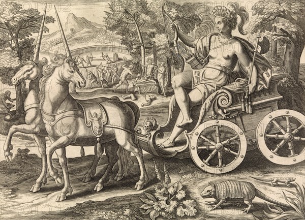 America from the four continents. Date, 16th century, by Julius Goltzius, Historical, digitally