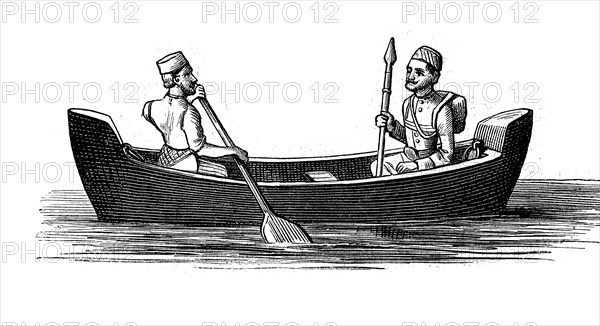 East Indian postal officials in a rowing boat, illustration from 1880, India, Historical, digital