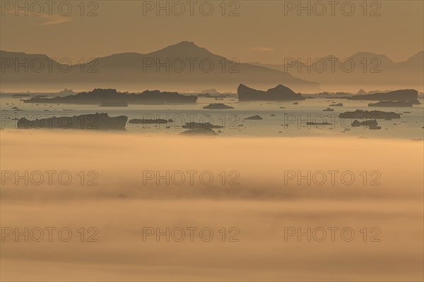 Icebergs in the fog, midnight sun, summer, Ilulissat, Ilulissat Icefjord, Disko Bay, West