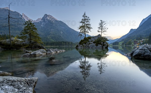 Hochkalter reflected in Hintersee, at sunset, Berchtesgaden National Park, Ramsau, Upper Bavaria,