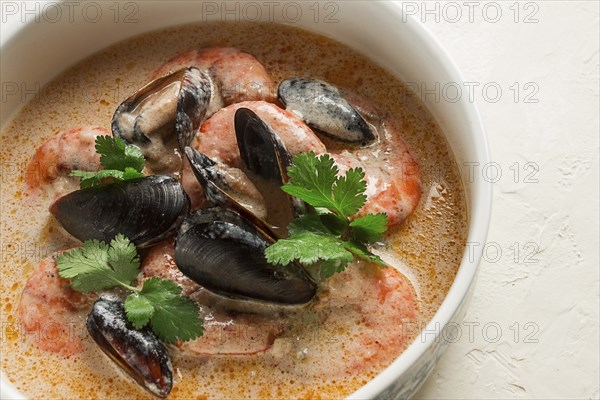 Seafood, shrimp and mussels, in creamy garlic sauce, homemade, no people