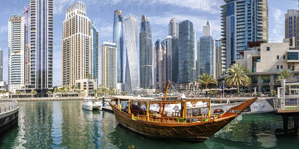 Dubai Marina skyline skyscrapers waterfront buildings panorama in Dubai, United Arab Emirates, Asia