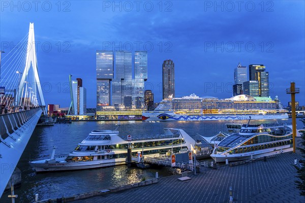 Rotterdam, skyline at the Nieuwe Maas, Erasmus Bridge, skyscrapers at the Kop van Zuid district,