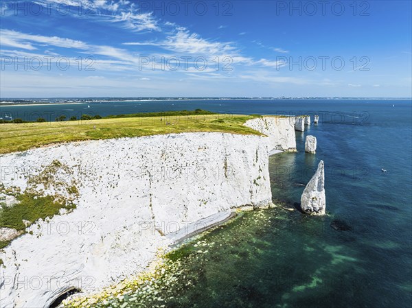 White Cliffs of Old Harry Rocks Jurassic Coast from a drone, Dorset Coast, Poole, England, United