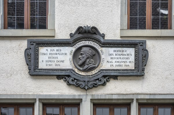 Relief with portrait of Jan Hus on the façade of a medieval house, now the Jan Hus Museum, in the