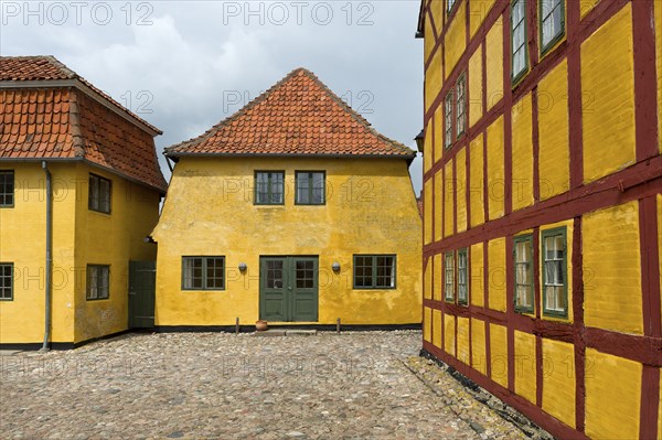 Half-timbered houses, Andresens Kobmandsgard or Kaufmannshof, Kerteminde, Funen, Region Syddanmark,