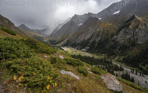 Green mountain valley with river and steep mountain peaks, Chong Kyzyl Suu Valley, Terskey Ala Too,