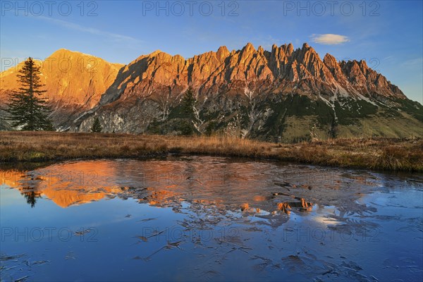 Autumnal alpine pasture at sunrise, alpenglow, frozen water with reflection, Hochkönig, Hochkeil,