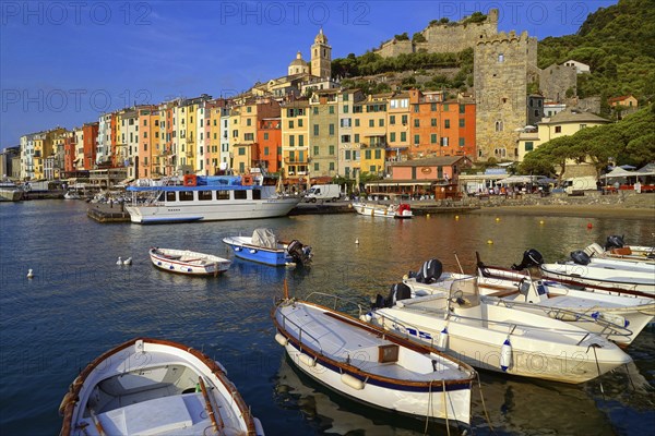Italy, View of the harbour and the town of Porto Venere, Porto Venere, Italy, Europe