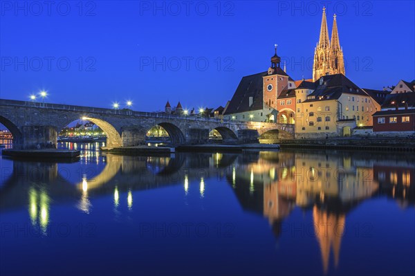 Church and bridge reflected in river, twilight, moon, idyllic, Regensburg Cathedral and stone
