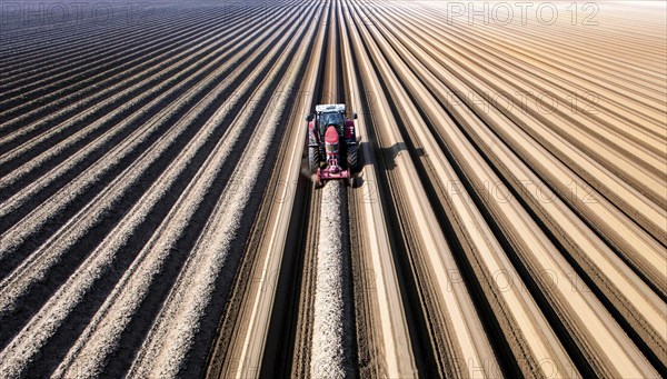 An aerial photo shows a tractor in a large asparagus field. Preparations for the asparagus season.