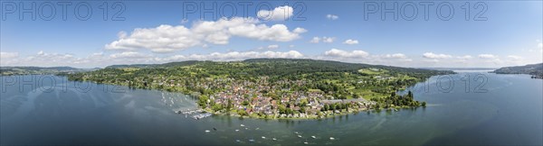 Aerial view, panorama of the Höri peninsula with the village of Wangen, Untersee, Lake Constance,