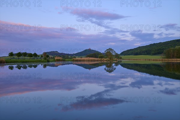 Lake with reflection in spring with castle at sunset, Veste Wachsenburg, Amt Wachsenburg, Drei