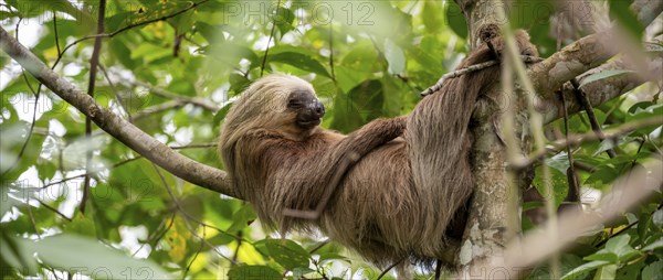 Hoffmann's two-toed sloth (Choloepus hoffmanni) on a branch, Cahuita National Park, Costa Rica,