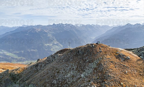 Kreuzjoch summit, view of Tschirgant summit and the Oberinntal valley and into the Pitztal valley,