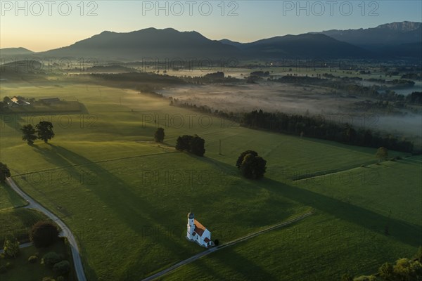 Aerial view of a chapel in front of mountains, morning light, Sankt Johannisrain, view of Zwiesel