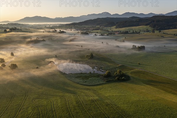 Aerial view of a lake in front of mountains in summer, morning light, view of Benediktenwand,
