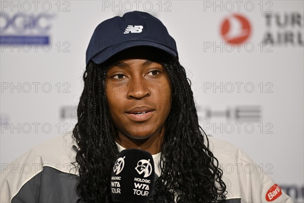 Coco Gauff USA portrait, press conference, PK, interview, microphone, mike, logo, WTA, tennis,