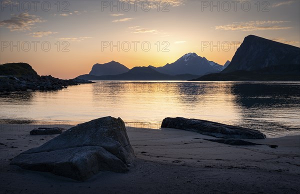 Landscape on the Lofoten Islands. View from Flakstadoya to Vestvagoya, with the snow-covered