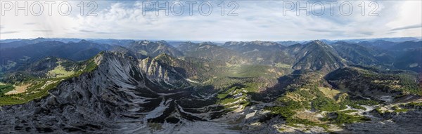 Aerial view, Alpine panorama, Bavarian and Austrian Schinder, Tegernsee mountains in the Mangfall