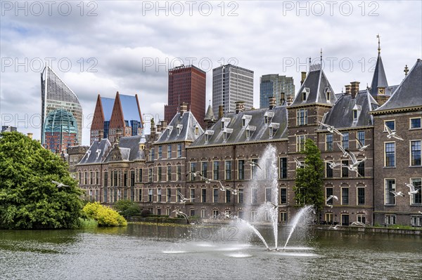 The historic Binnenhof, seat of the Dutch government, Hofvijver pond, skyline of the city centre at