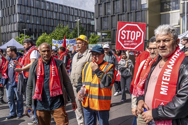 Demonstration by many thousands of steelworkers in front of the ThyssenKrupp headquarters in Essen
