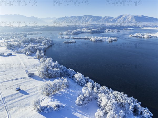 Aerial view of a lake in front of mountains, winter, snow, morning light, fog, Staffelsee, Alpine
