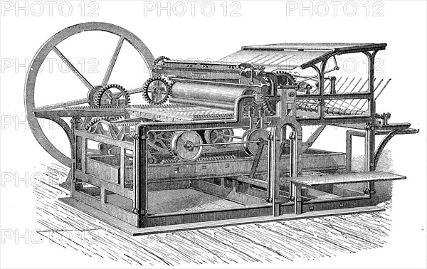High-speed press with railway movement, paper processing, illustration from 1880, historical,