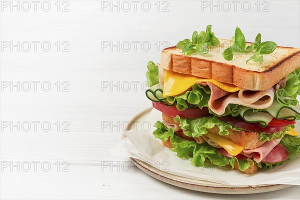 Club sandwich, on a white table, close-up, no people, horizontal, homemade