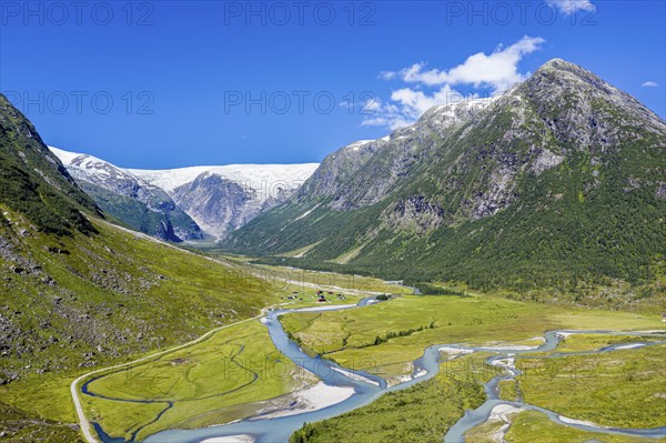 Aerial view of the road from Hafslo to valley Langedalen at glacier Jostedalsbreen, Sognefjord