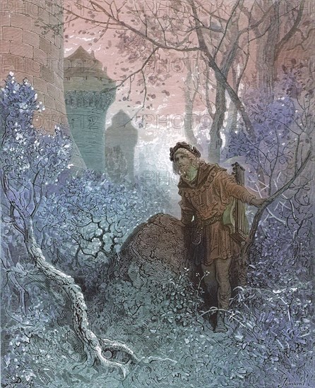 The minstrel Blondel discovers the captive Richard the Lionheart in Leopold's castle in Austria,