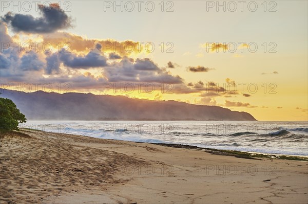 Landscape of a tropical Beach on Oahu by suset, Hawaiian Island Oahu, OÊ»ahu, Hawaii, Aloha State,