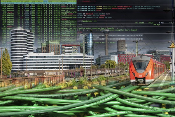 Symbolic image of critical infrastructure, Düsseldorf skyline, media harbour, data cable, hacker