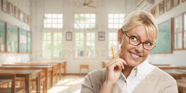 Pretty teacher or student holding pencil standing in her classroom