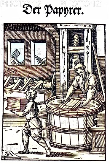 The Papermaker, The Papyrer, woodcut from the Book of Professions by Jost Amman, 1568, Germany,