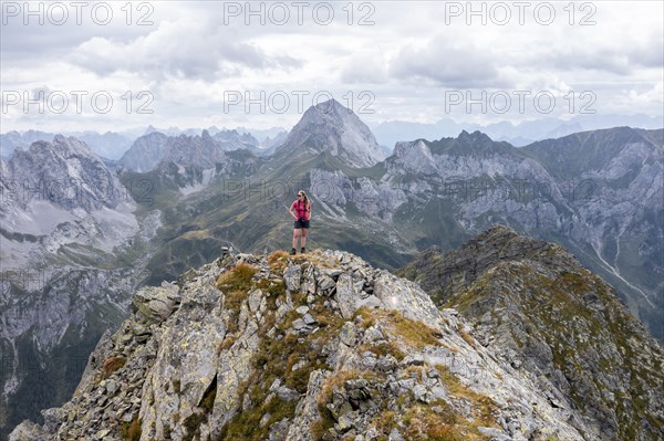 Aerial view, hiker on the Raudenspitze, Carnic High Trail, Carnic Main Ridge, Carnic Alps,