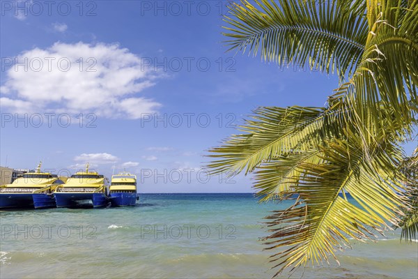 Mexico, High-speed Cozumel ferry at the terminal Cozumel waiting for passengers to Playa del