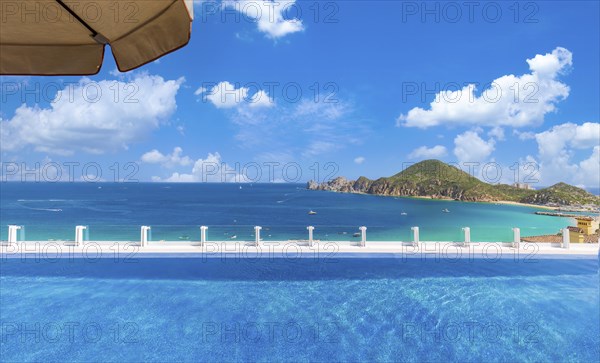 Scenic panoramic aerial view of Los Cabos landmark tourist destination Arch of Cabo San Lucas