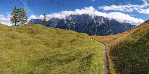 Panorama from Hoher Kranzberg, 1397m to the cloudy Karwendel Mountains, Werdenfelser Land, Upper