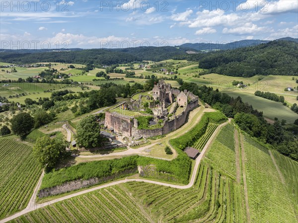 Aerial view of the ruins of Hochburg Castle, also known as Hachberg, 11th century, between