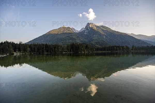 Hochkalter reflected in Hintersee, at sunset, Berchtesgaden National Park, Ramsau, Upper Bavaria,