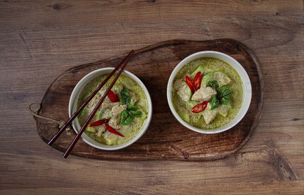 Green curry with chicken, traditional Thai cuisine, Asian food, homemade, no people