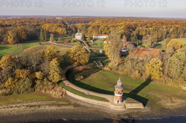 Aerial view of lighthouse and castle Fasanenschloss, view to castle Moritzburg in the back, autumn