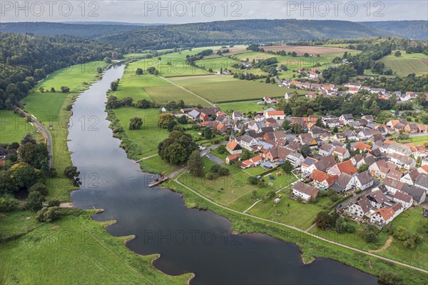 Aerial view of village Wahmbeck and the Weser river, traditional ferry, Weserbergland, Germany,