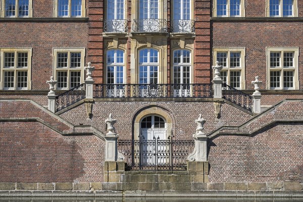 Baroque and moated castle Ahaus, garden-side centre risalit with garden staircase, today the seat