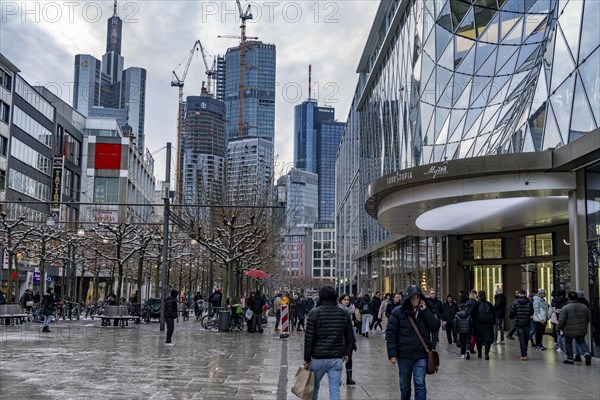 Zeil shopping street, pedestrian zone, winter weather, city centre skyline, banking district,